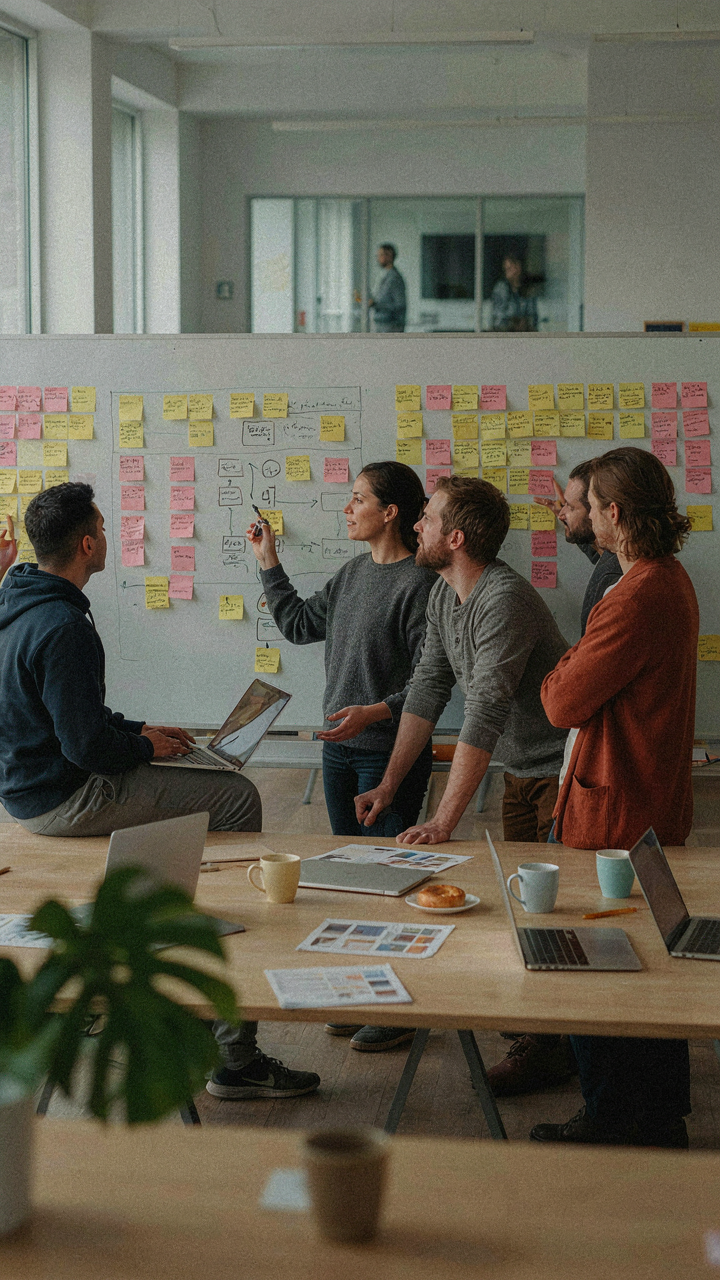 Software developers working intensely on whiteboards during a sprint cycle.