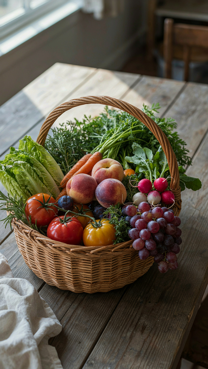 A harvest basket is overflowing with many different seasonal fruits and vegetables.