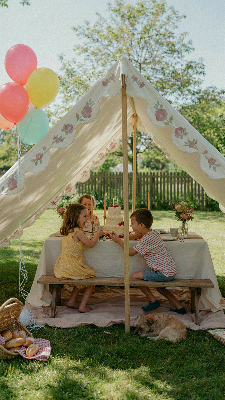 An elaborate outdoor birthday picnic setup with a custom-designed tent.