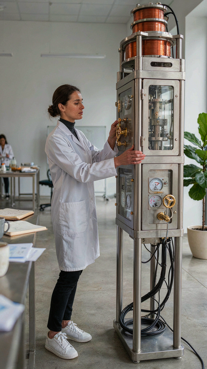 A scientist adjusts a dial on a complex machine with a feedback loop.