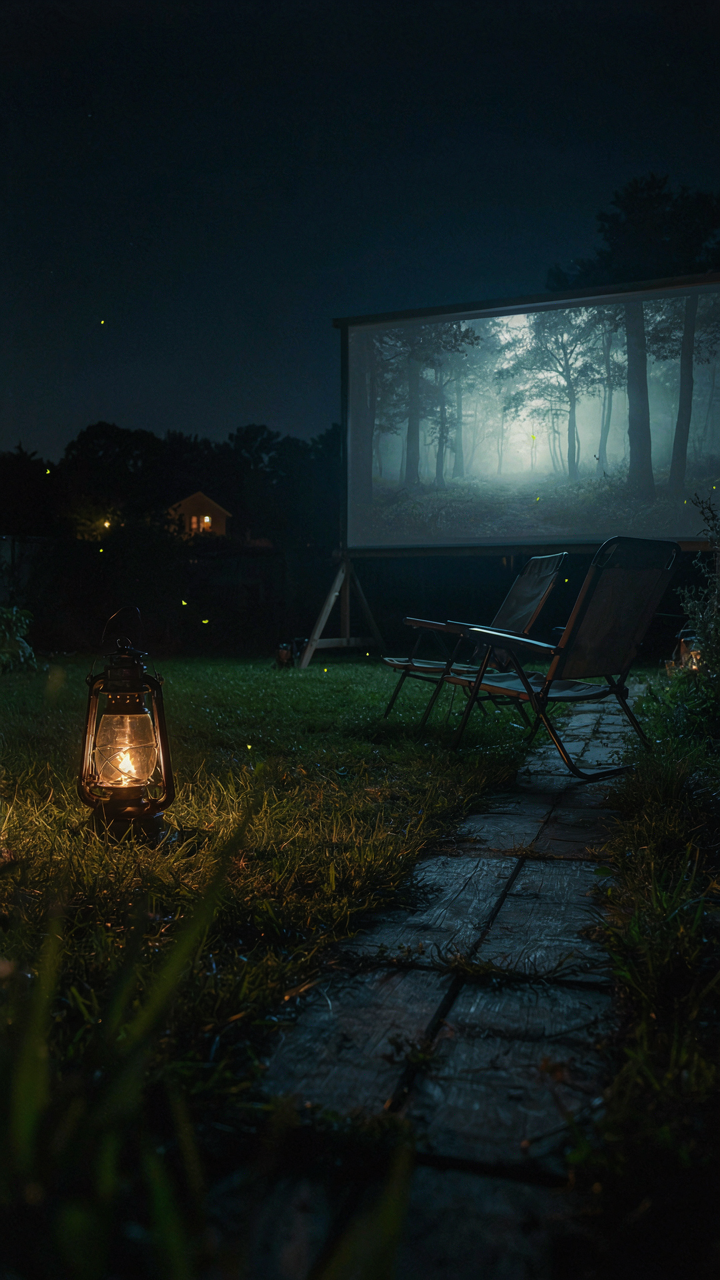 A single lantern casts a soft glow on a path in a dark backyard.