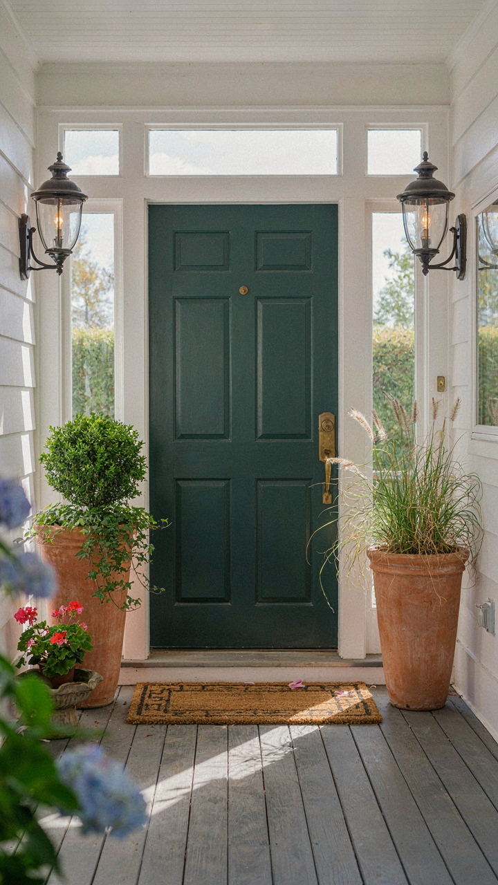 A front porch has two elegant outdoor lanterns next to the front door.