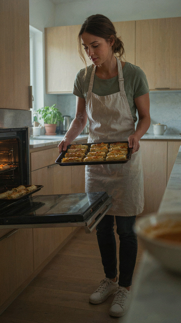 A relaxed host taking golden brown frozen spring rolls from an oven.