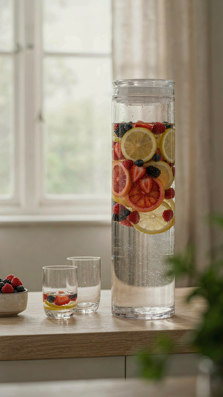 A clear beverage dispenser filled with fruit-infused water and fruit slices.