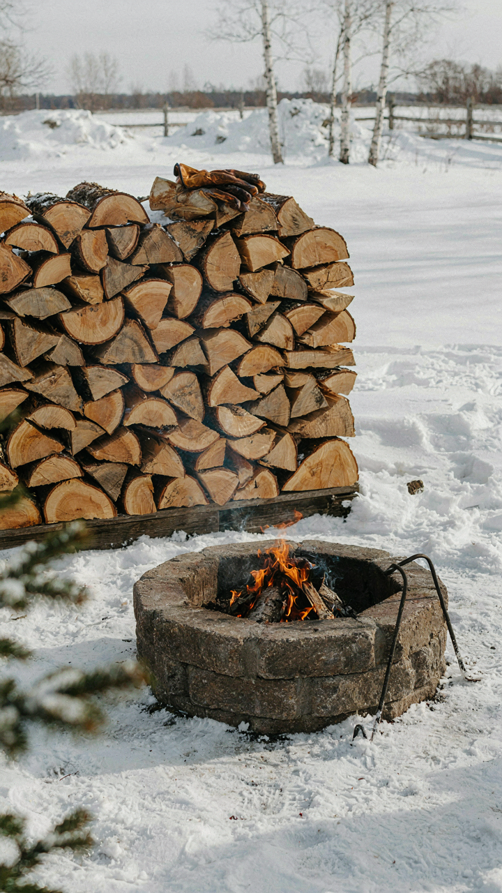Different types of wood logs are stacked neatly next to a fire pit.