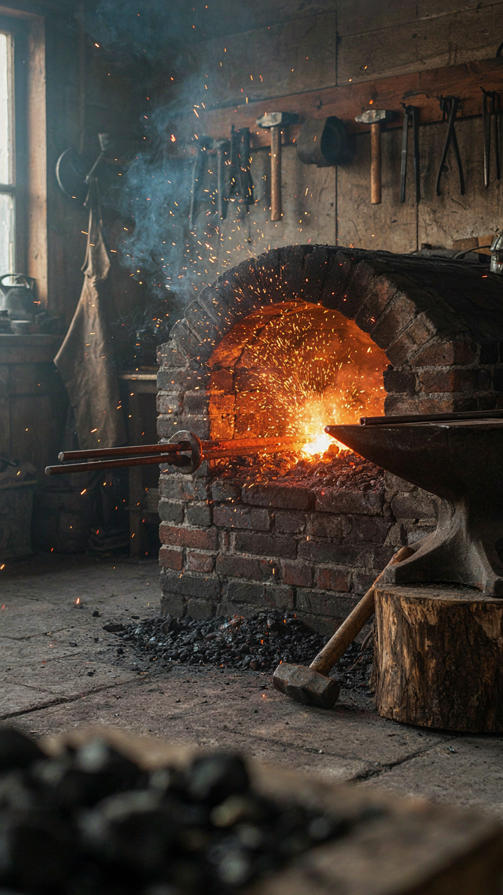 A blacksmith's furnace glows red hot with sparks flying.