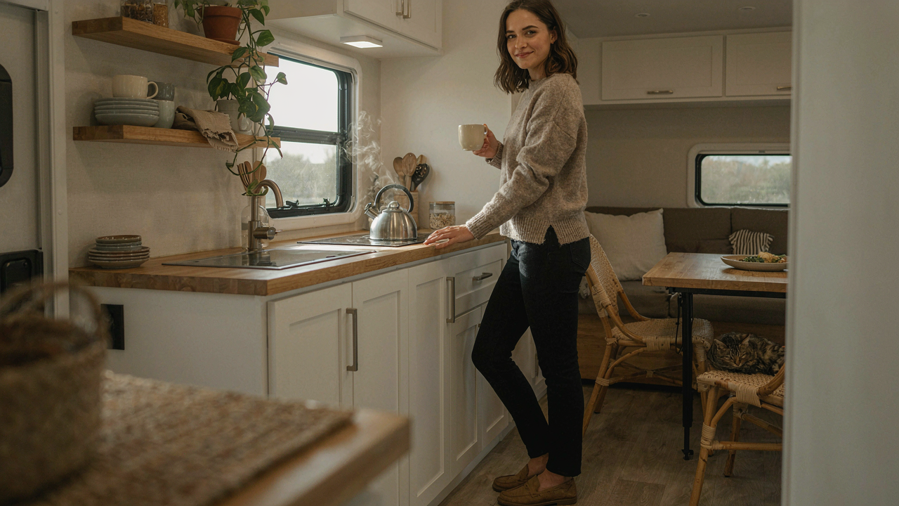 A clean and organized full time RV living space with natural light.