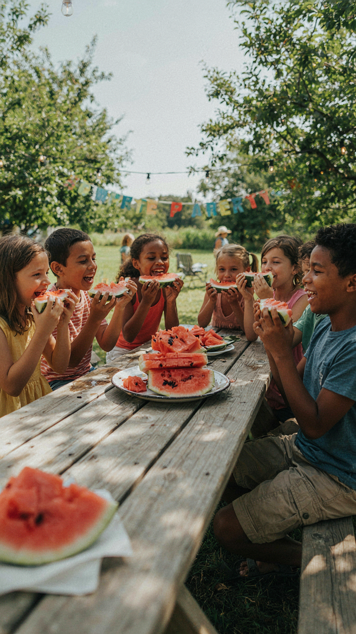 Kids happily eat cold watermelon slices at a party.