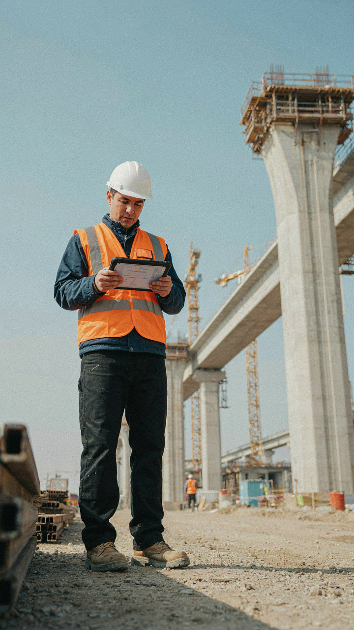 A civil engineer reviews blueprints on a tablet at a bridge construction site.