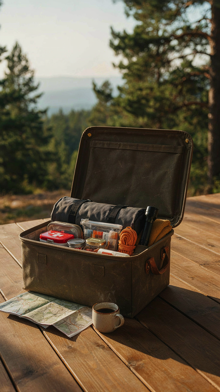 A camping storage bin holds individual, labeled micro-kits for different uses.