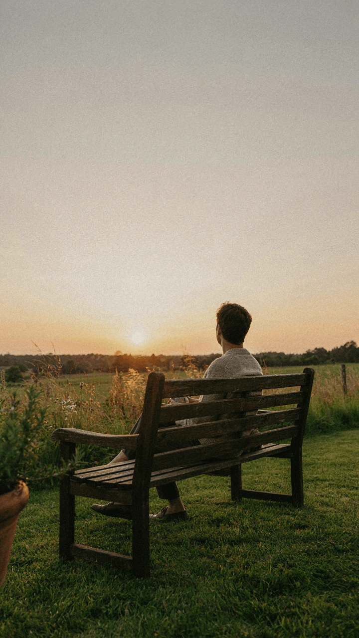 A person sitting comfortably on a well-designed garden bench at sunset.