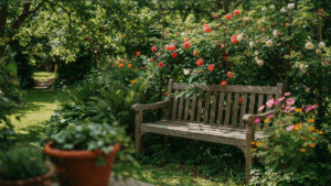 A comfortable garden bench corner nestled among vibrant plants and soft sunlight.