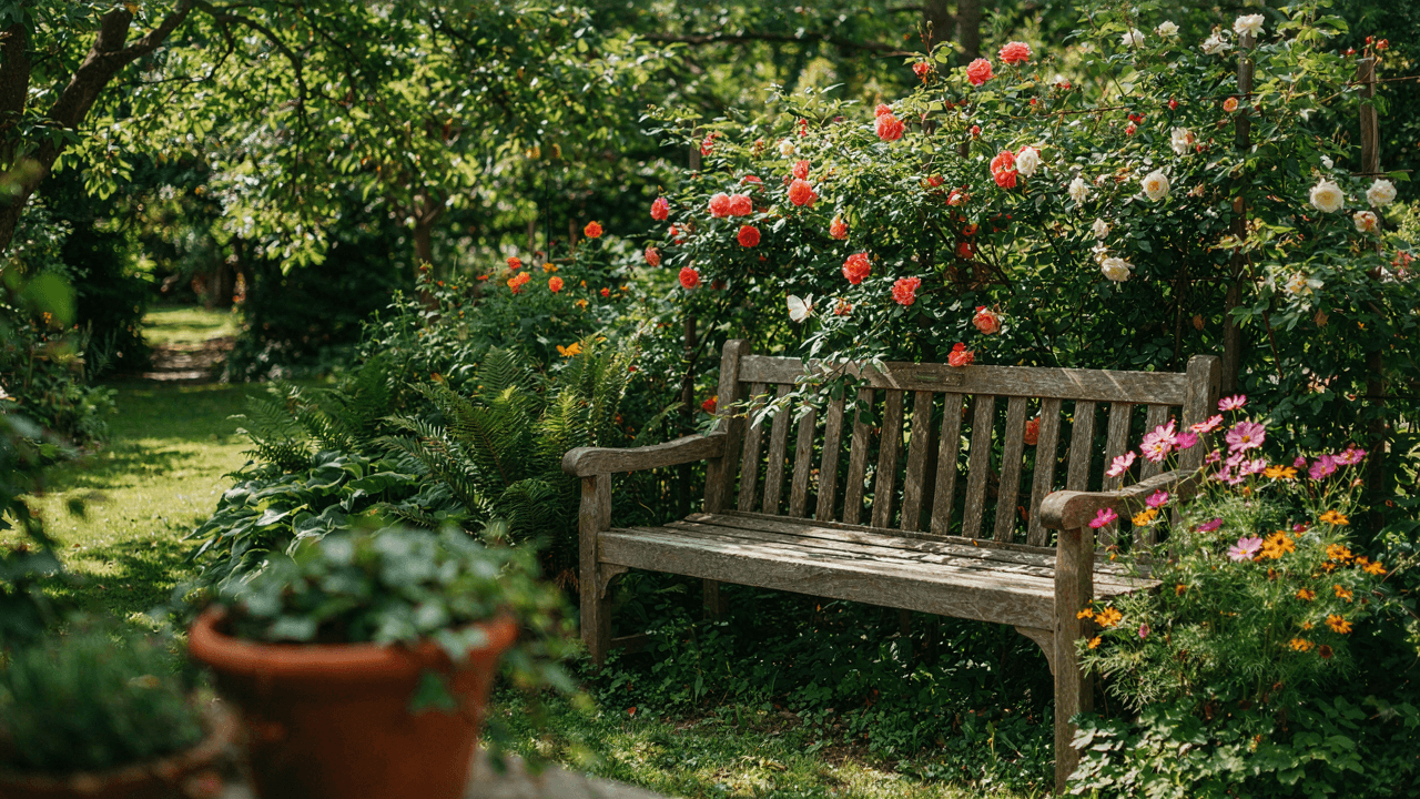 A comfortable garden bench corner nestled among vibrant plants and soft sunlight.