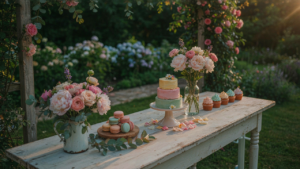 A whimsical garden birthday dessert table with cupcakes, cookies, and fresh flowers.