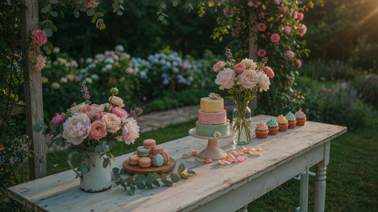 A whimsical garden birthday dessert table with cupcakes, cookies, and fresh flowers.