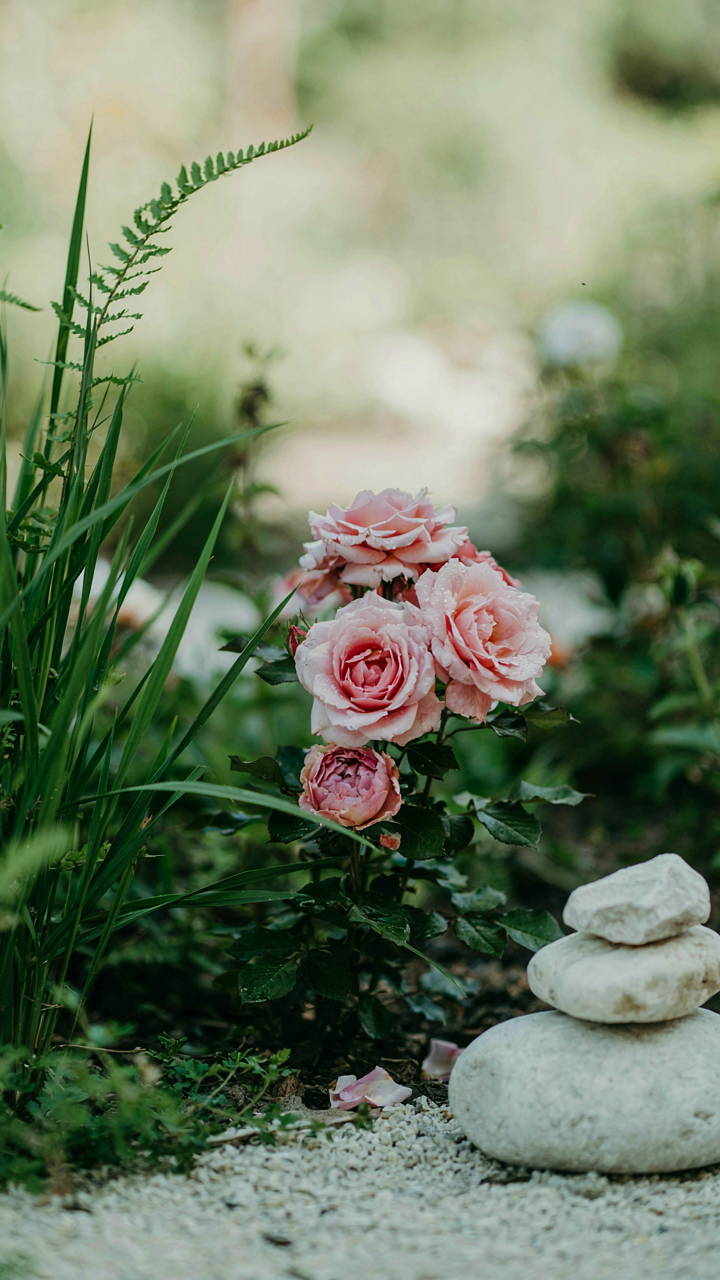 A minimalist garden with green plants, white stones, and pink roses.