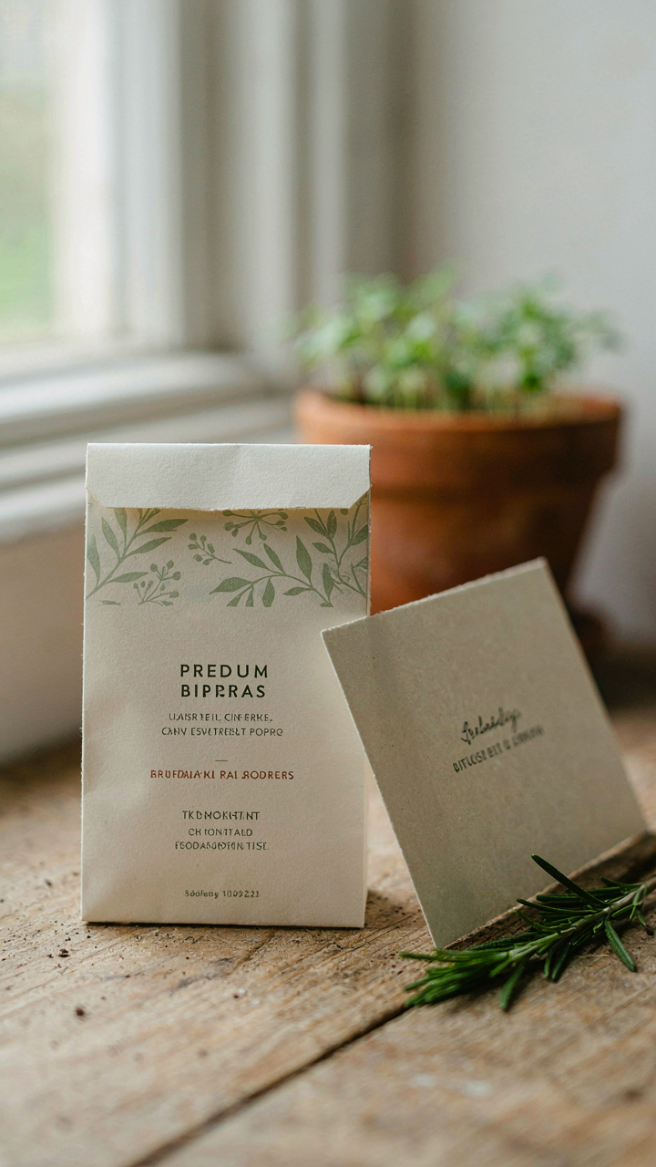 An elegantly wrapped seed packet sits next to a personalized handwritten card.