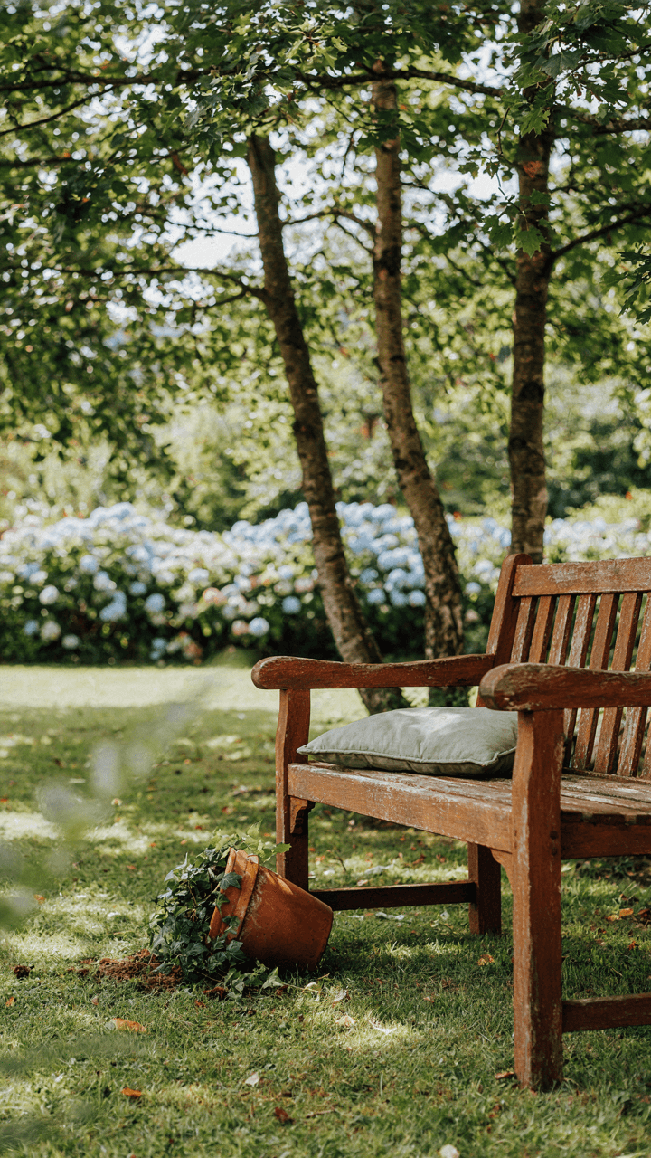 A garden bench corner sits in dappled sunlight filtering through tall trees.