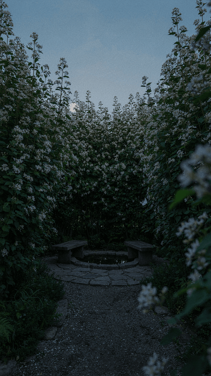 A very dense hedge of white flowering plants surrounds a moon garden seating area.