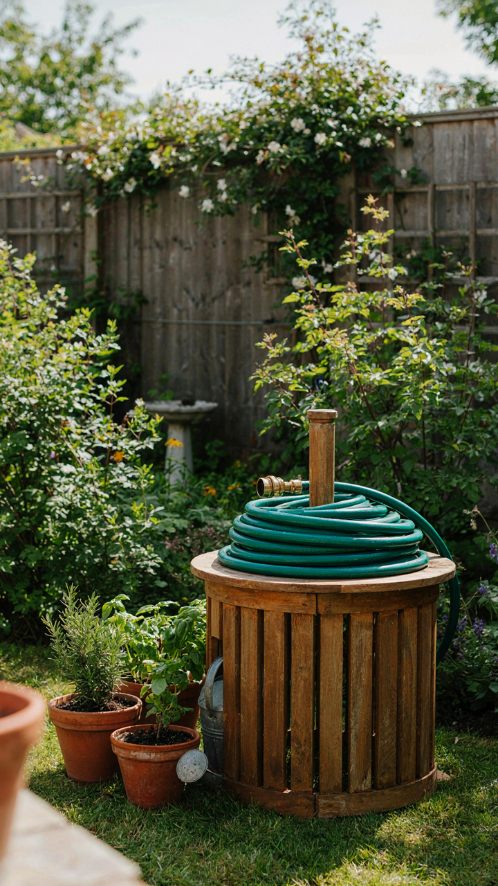A coiled garden hose serves as functional decoration near potted herbs.