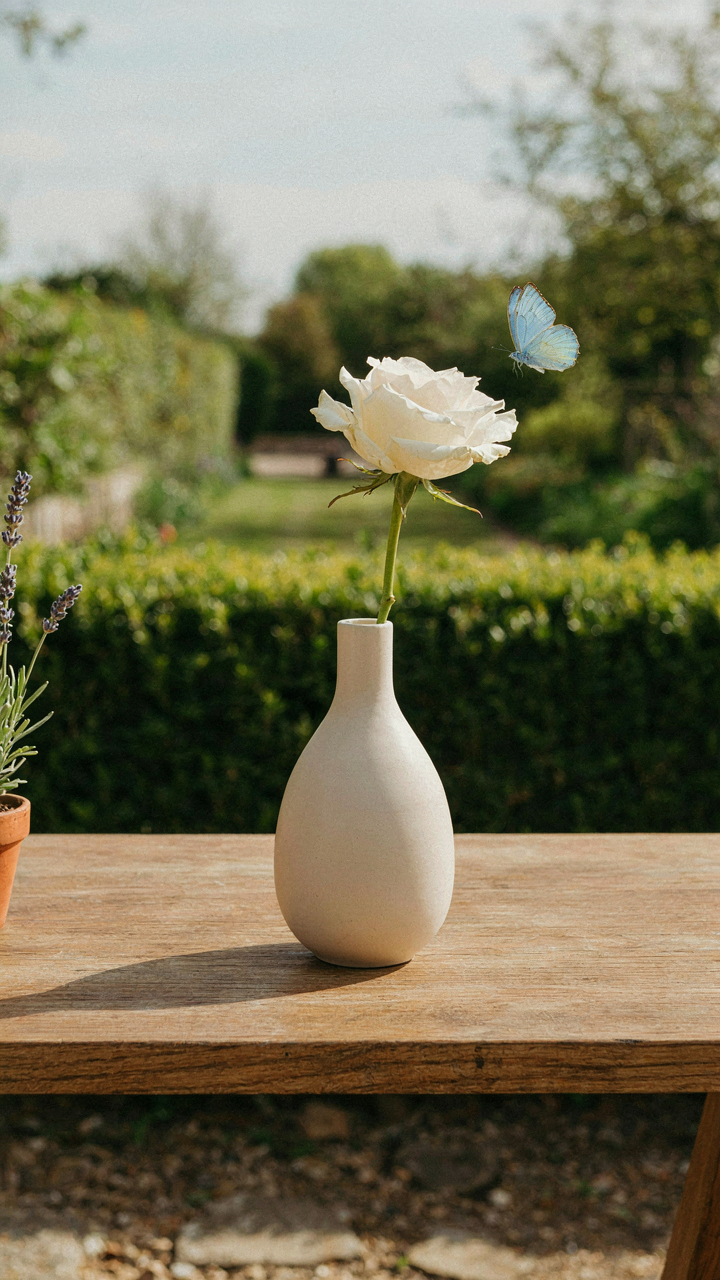 A single white rose in an elegant ceramic vase on a minimalist wooden table.