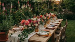 A long table set for a garden party, with bright flowers and colorful dishes.