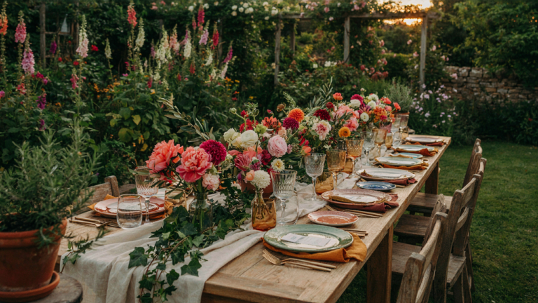 A long table set for a garden party, with bright flowers and colorful dishes.