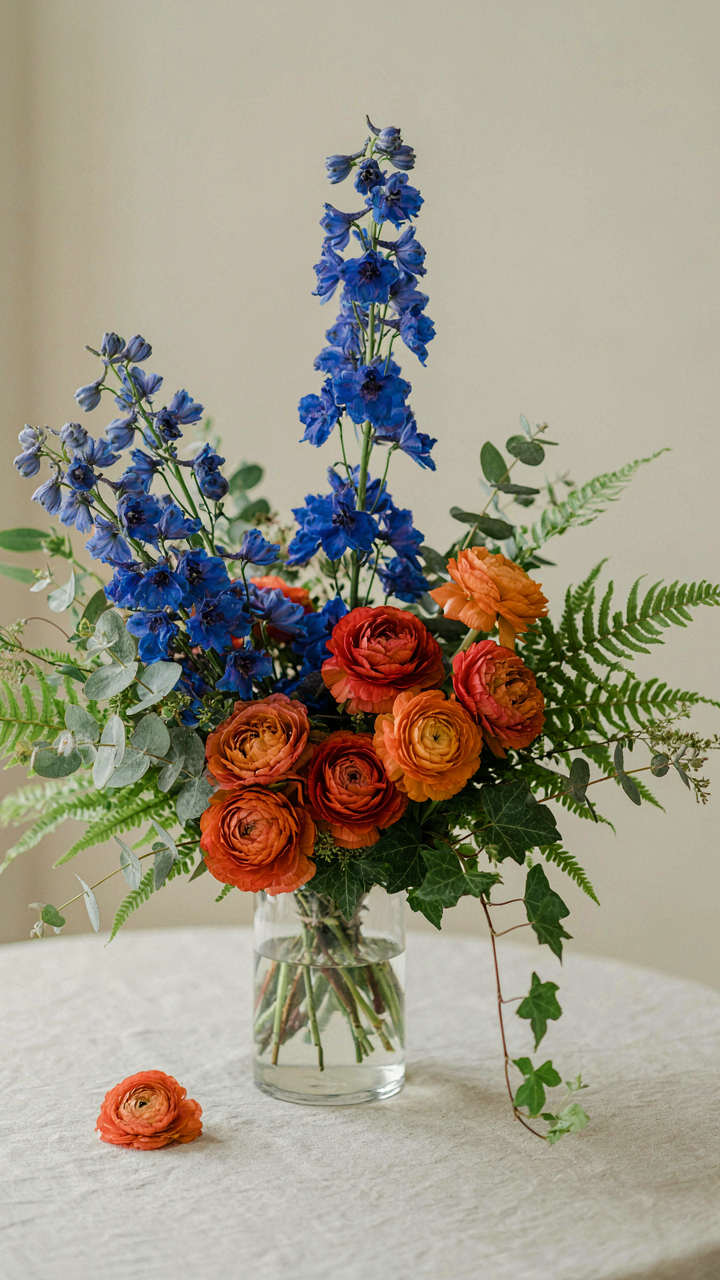 A bold floral arrangement with blue, orange, and green flowers.