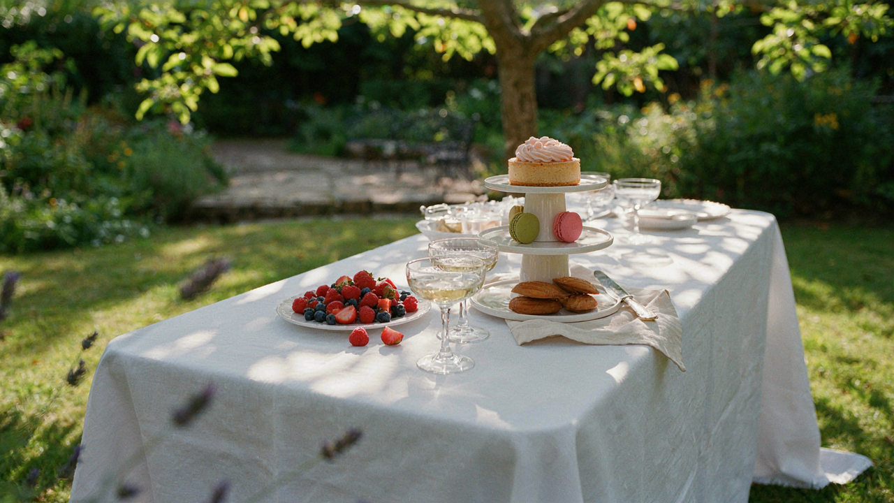 A beautiful garden party dessert table with a variety of pastries and fruits.