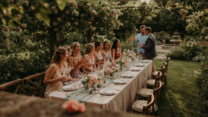 Guests laugh at an elegant outdoor garden party with tables set for a celebration.