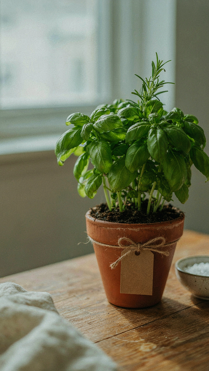 A potted herb plant with a personalized tag sits on a wooden table.