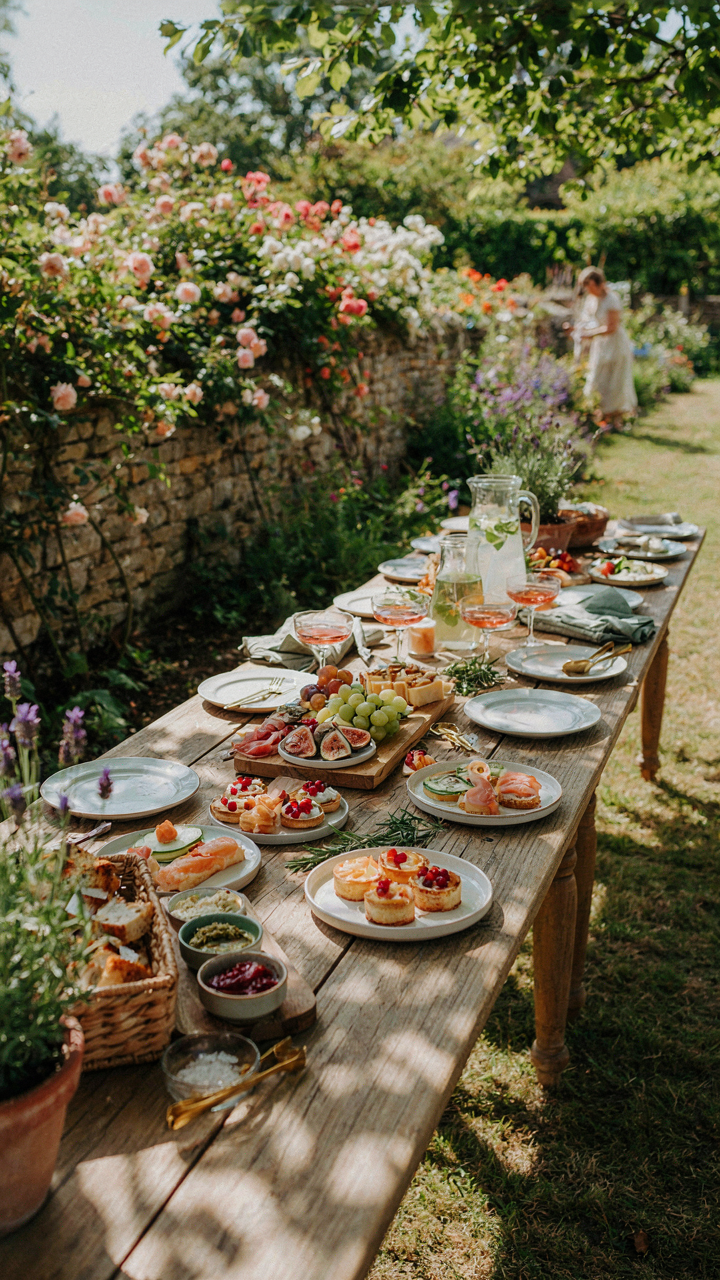 A long outdoor table set up like an assembly line for garden party finger food.