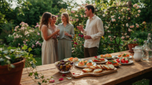 A beautifully set table with a variety of garden party finger food at an outdoor gathering.