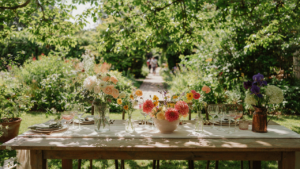 A long table at an outdoor garden party with many flower arrangements.