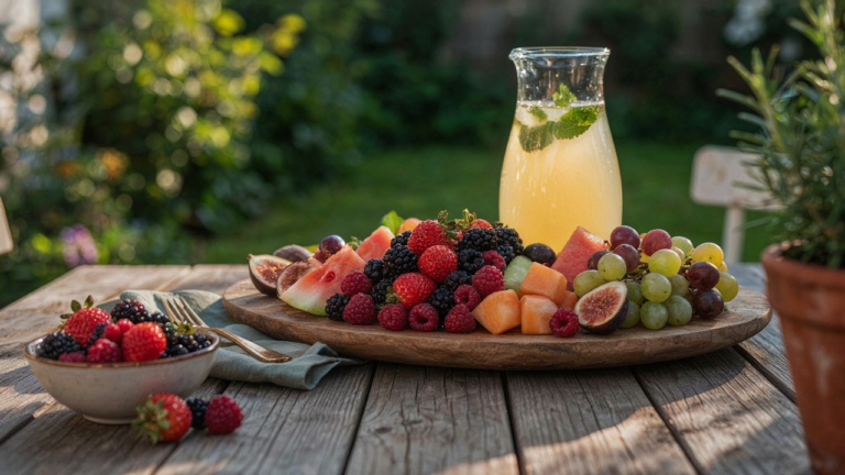 A colorful garden party fruit platter sits on a wooden table, ready for guests.