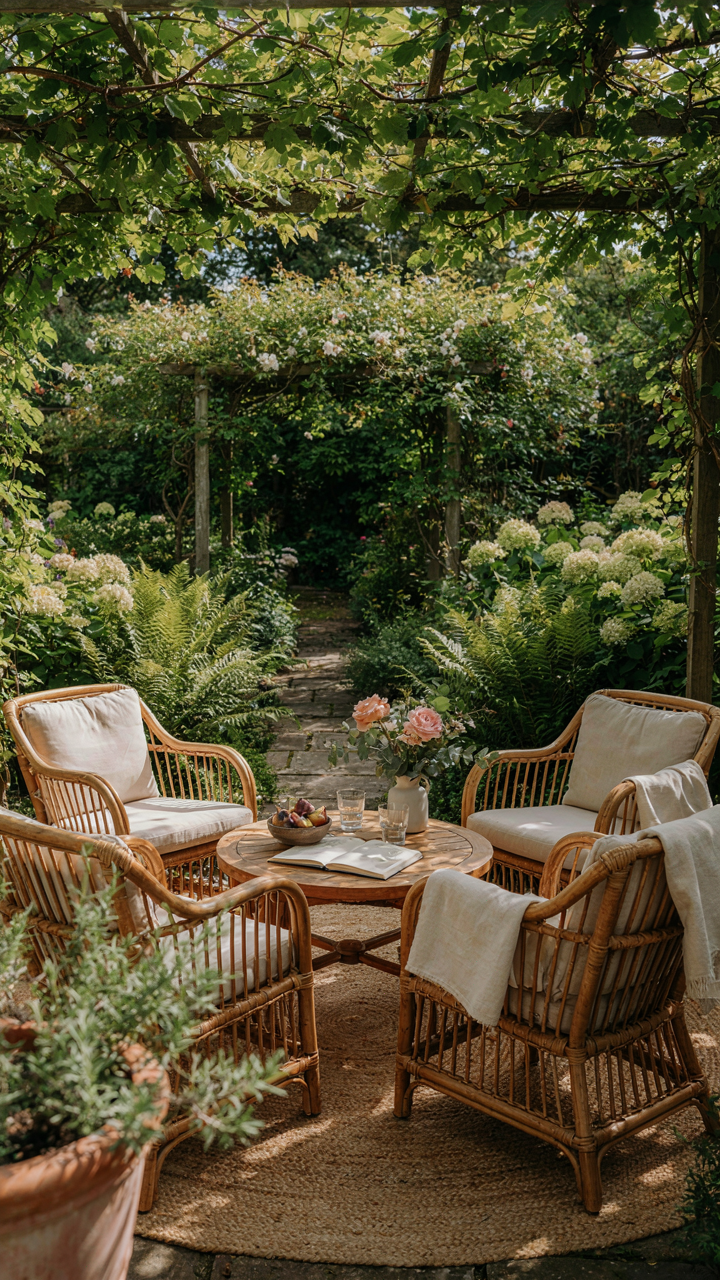 Comfortable chairs and soft blankets are set up in a shaded garden.