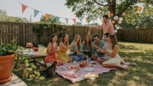 A vibrant outdoor garden party on a budget with decorations and people enjoying themselves.