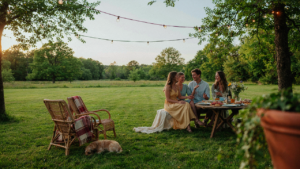 A beautiful garden party setup with blankets, benches, and chairs on a green lawn.