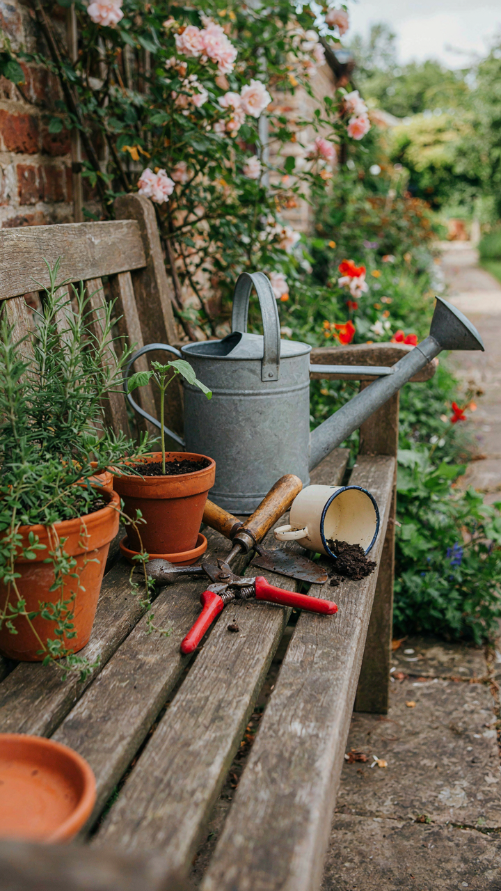 An uneven arrangement of garden tools and potted plants on a bench.