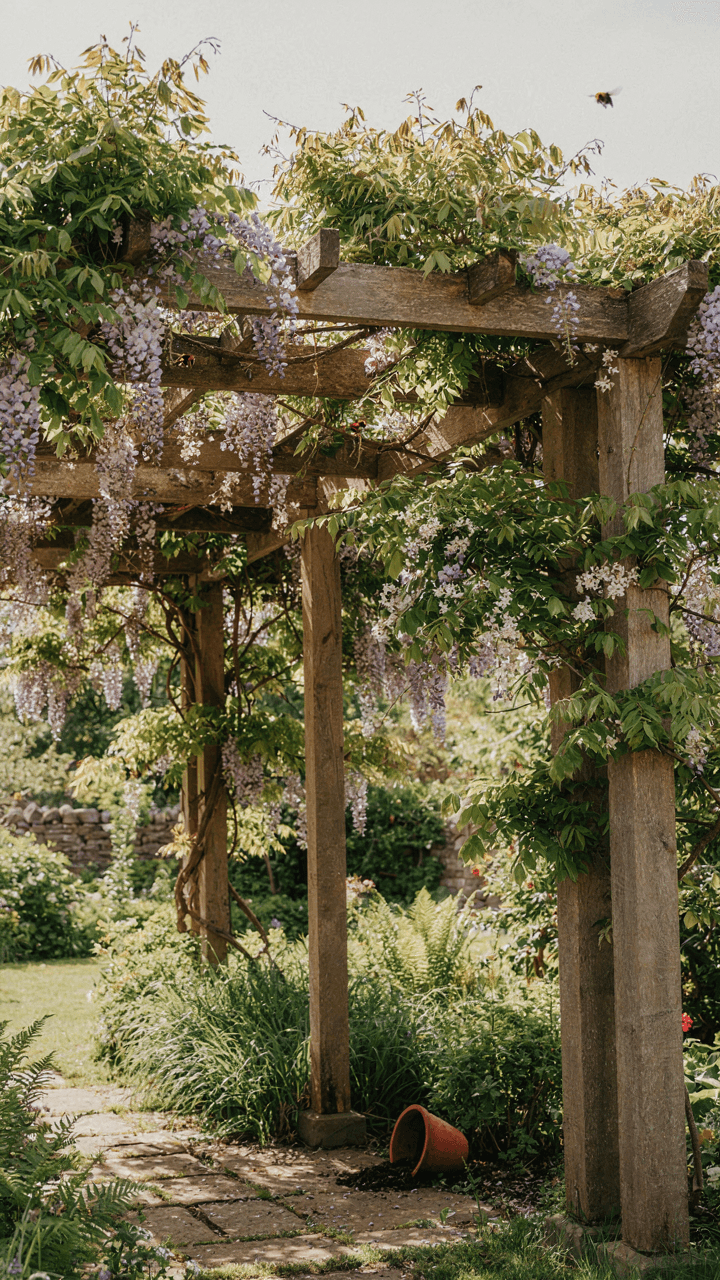 A garden pergola has many layers of plants for privacy.