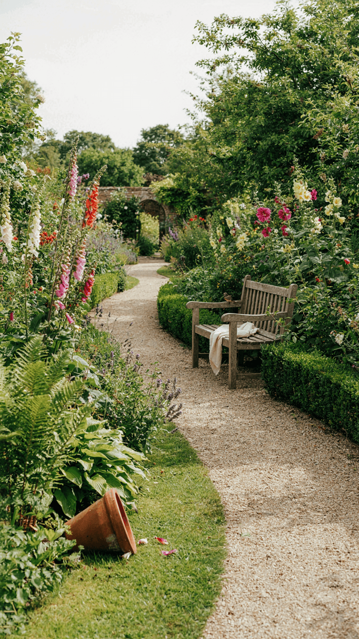 A winding garden path has a garden bench corner at a natural stopping point.