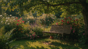A wooden garden swing seat surrounded by green plants and colorful flowers.