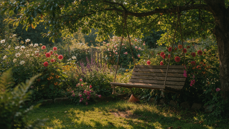 A wooden garden swing seat surrounded by green plants and colorful flowers.