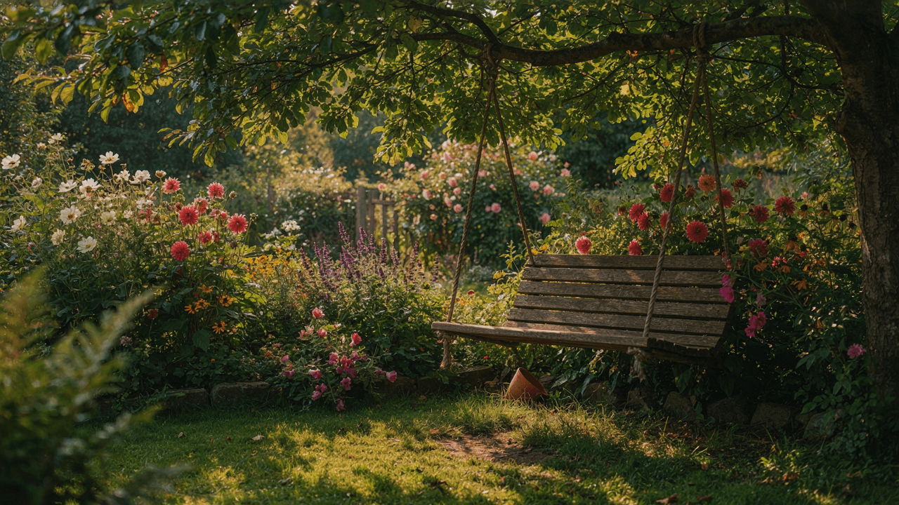 A wooden garden swing seat surrounded by green plants and colorful flowers.