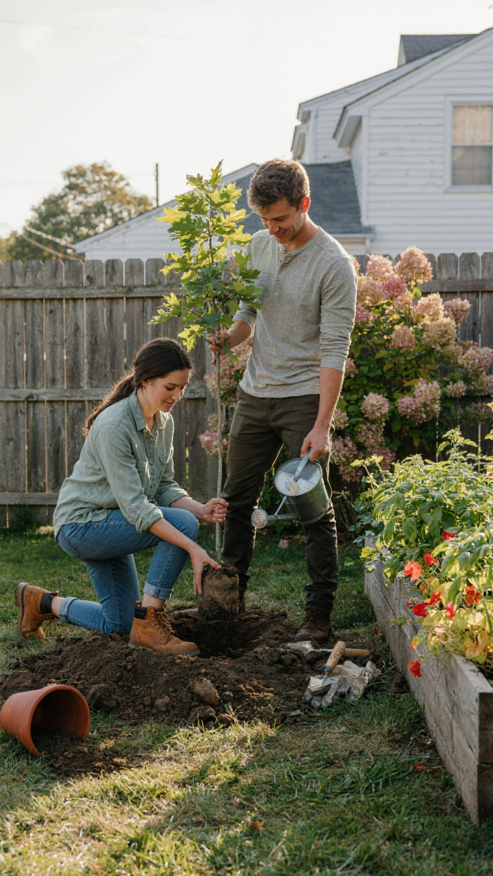 A couple plants a tree sapling together in a sunny garden.