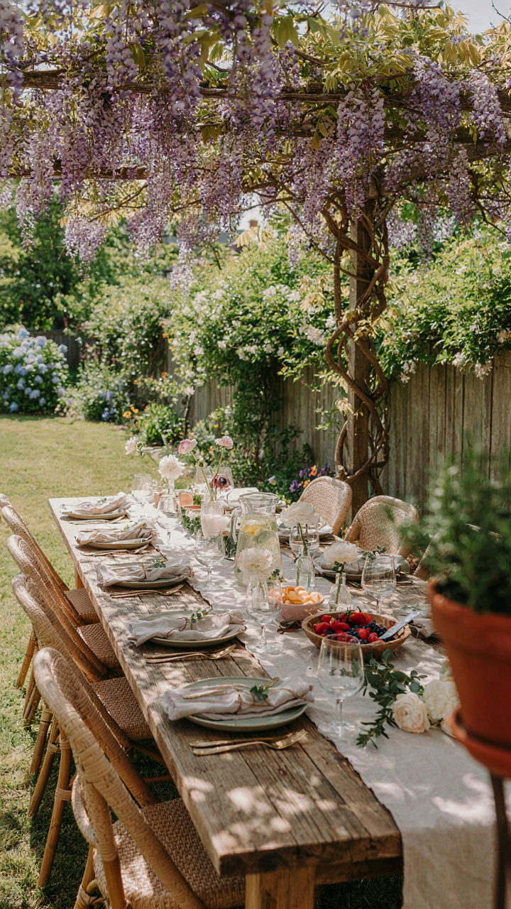 A brunch table sits among garden plants and flowers.