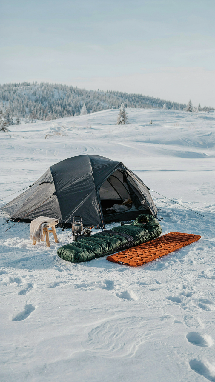 Winter camping gear, including a tent and sleeping bag, lays on snow.