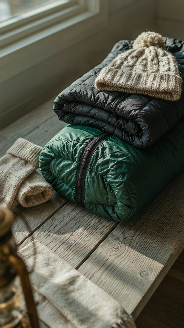 A stack of warm gear like a sleeping bag and jacket.
