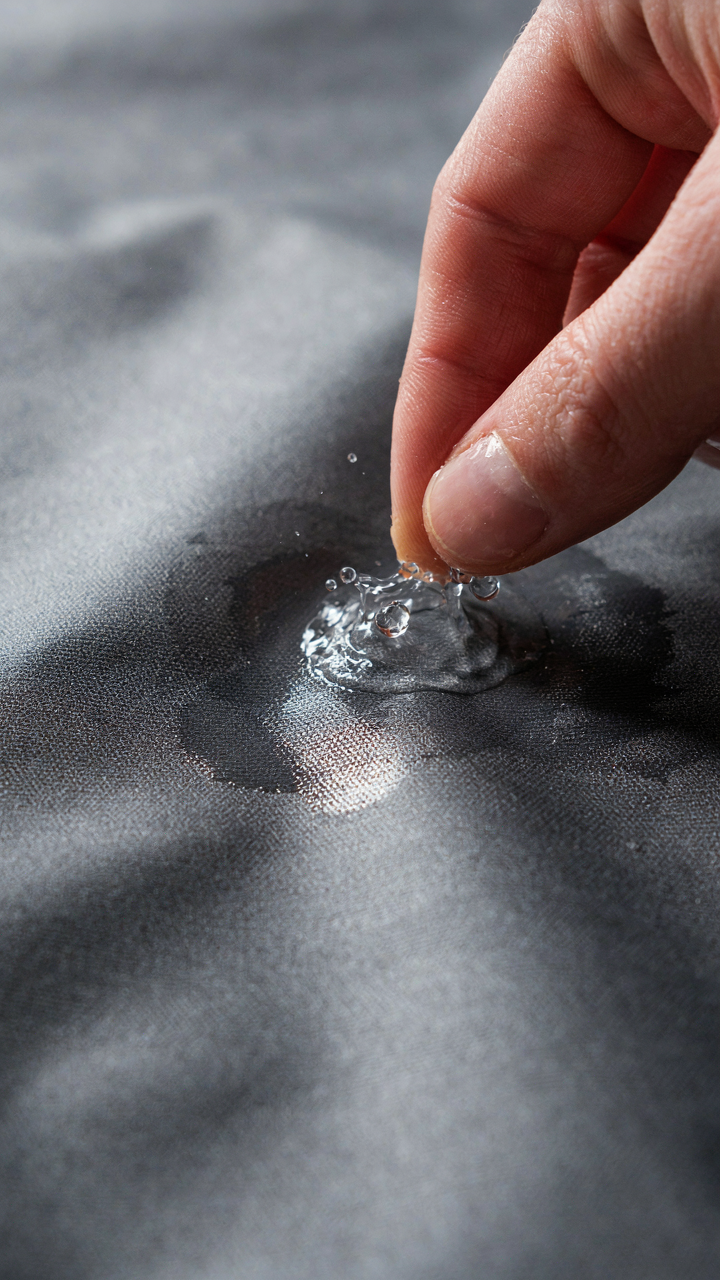 A hand presses on wet waterproof fabric, showing water being forced through.