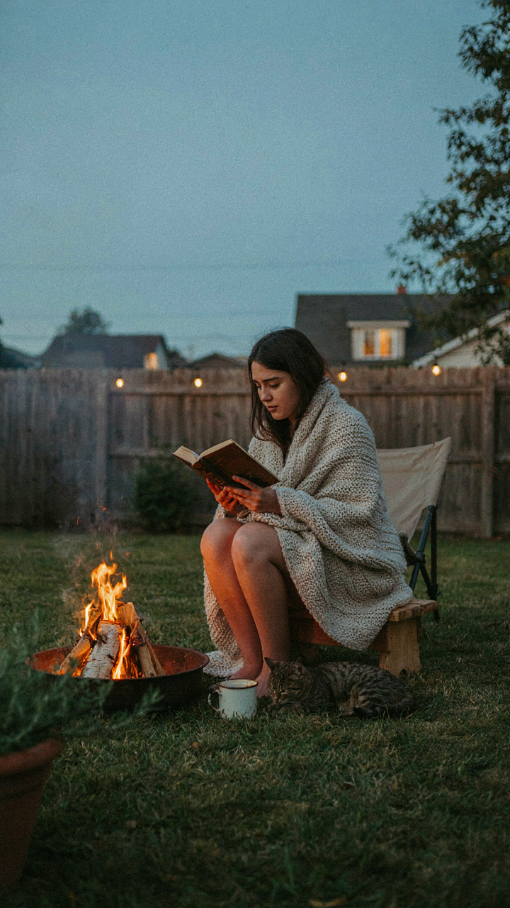 A person comfortably reading a book by a small, contained campfire.